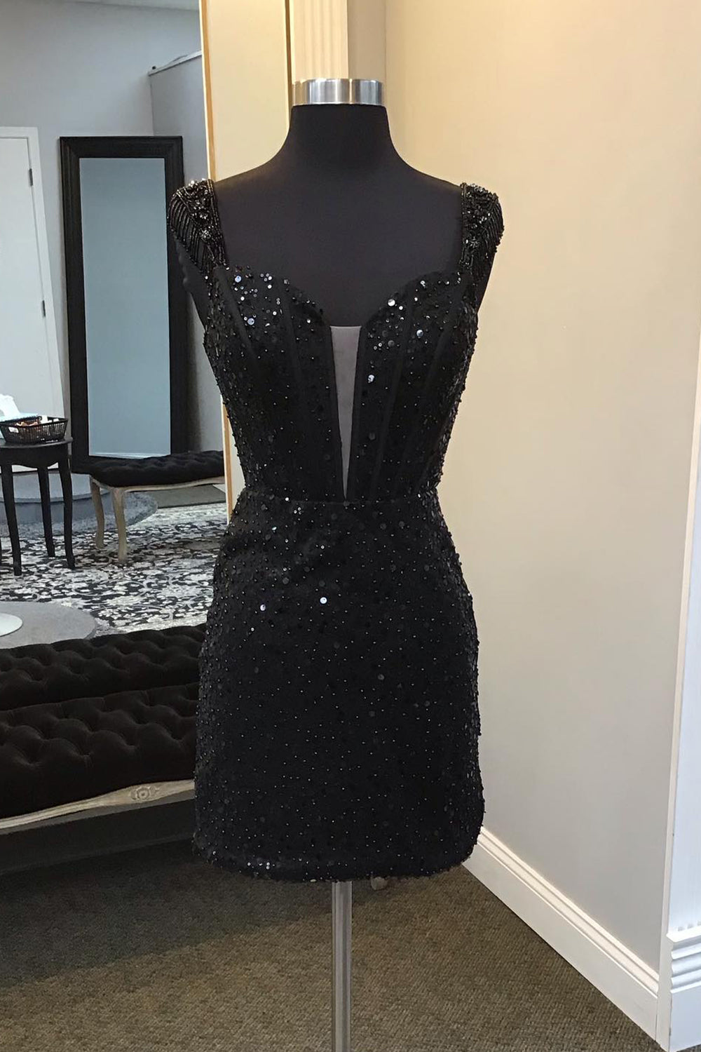 Sparkly Black Corset Fringed Sequin Tight Short Homecoming Dress-BMbridal