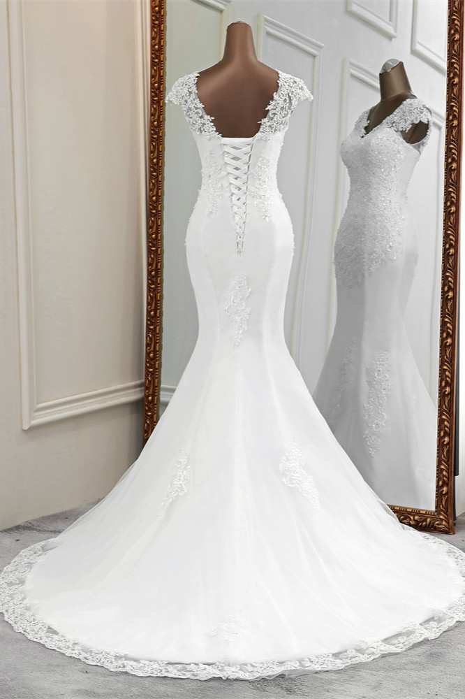 BMbridal Luxury V-Neck Sleeveless White Lace Mermaid Wedding Dresses with Appliques