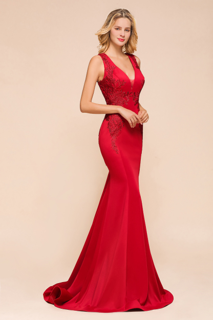 BMbridal Gorgeous Red Mermaid V-Neck Prom Dress Long With Lace Appliques Online