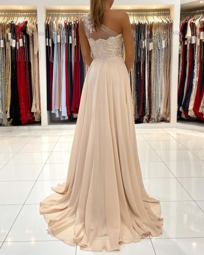 Bmbridal Champagne One Shoulder Prom Dress Split Long With Appliques