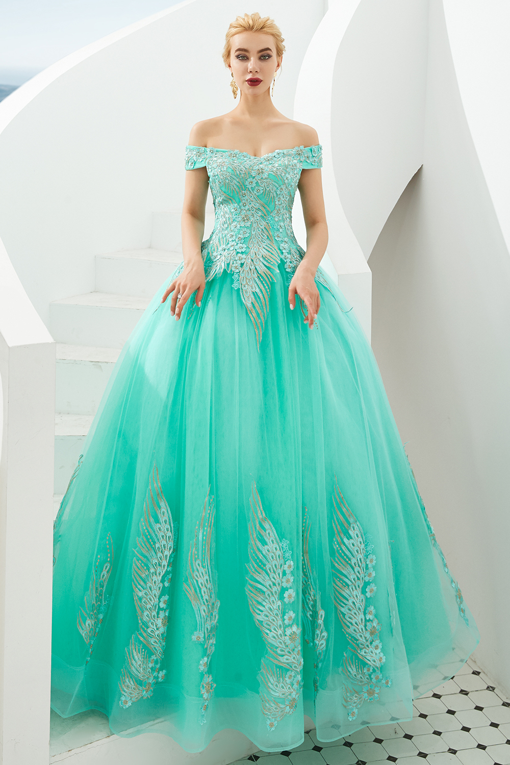 BMbridal Off-the-Shoulder Tulle Ball Gown Prom Dress With Appliques Beadings
