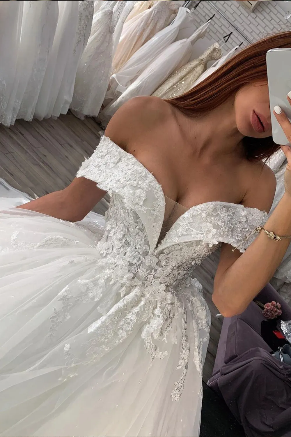Shiny Ball Gown Off-The-Shoulder Wedding Dress with Lace Sweetheart