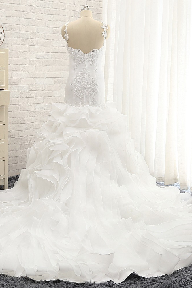 BMbridal Sexy Sleeveless Straps Ruffles Wedding Dresses With Appliques White Mermaid Satin Bridal Gowns Online-BMbridal