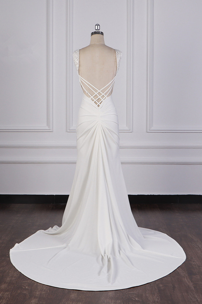 BMbridal Gorgeous Jewel Mermaid Satin Wedding Dress Sleeveless Ruffles Appliques Beadings Bridal Gowns Online-BMbridal