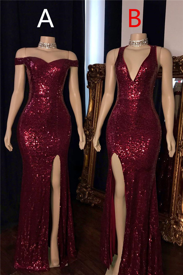 Bmbridal Burgundy Sequins Long Prom Dress Mermaid