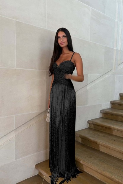 Spaghetti straps Sleeveless Long Prom Dress With Beading Tassel