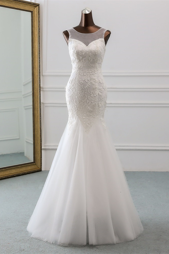 BMbridal Popular Jewel Sleeveless White Mermaid Wedding Dresses with Appliques