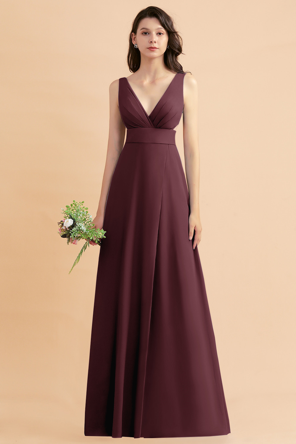 BMbridal A-Line Dusty Blue Chiffon Ruffles Bridesmaid Dress with Slit-BMbridal