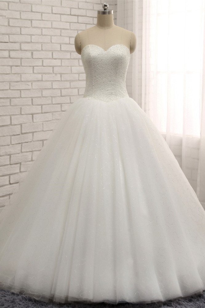 BMbridal Chic Sweetheart Pearls White Wedding Dresses A-line Tulle Ruffles Bridal Gowns Online