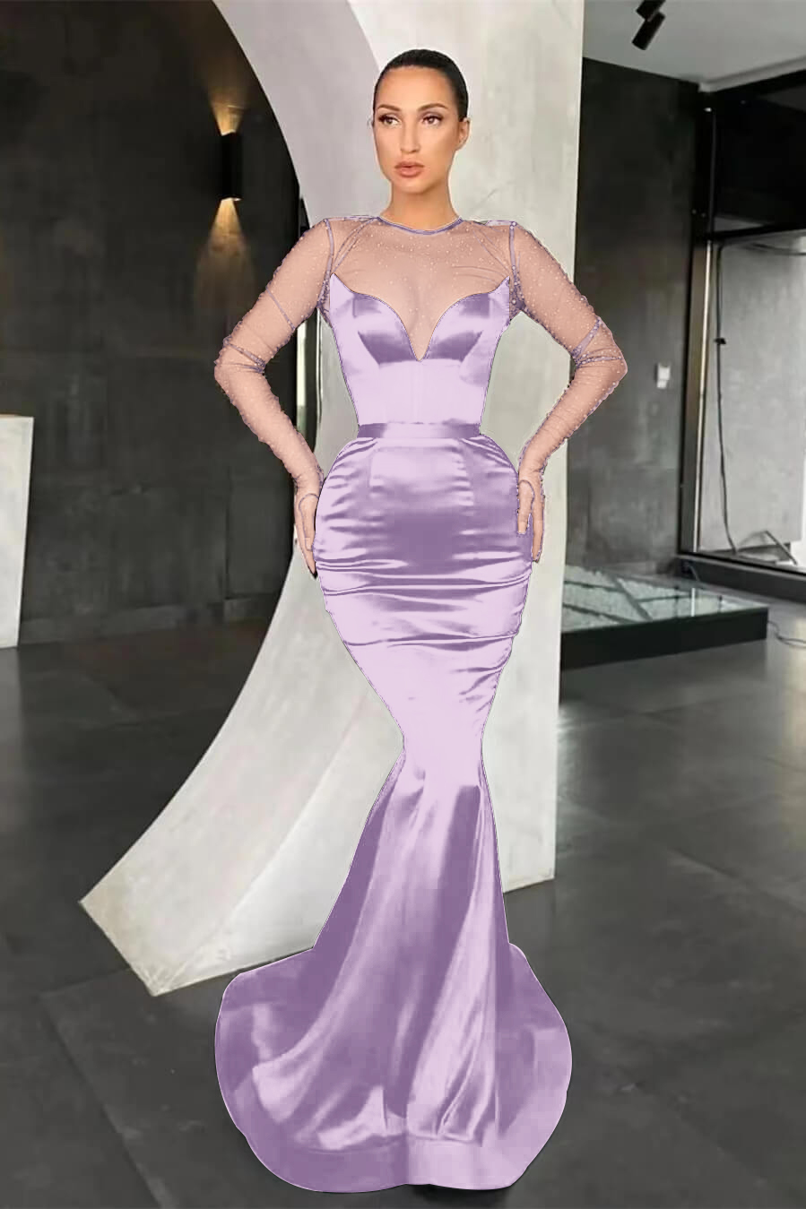 Black Mermaid Long Sleeves Pleated Long Prom Dress With Beads Online V Neck