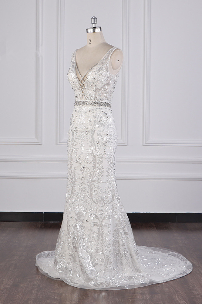 BMbridal Sparkly Sequins Straps V-Neck Wedding Dress Beadings Sleeveless Bridal Gowns with Sash On Sale-BMbridal