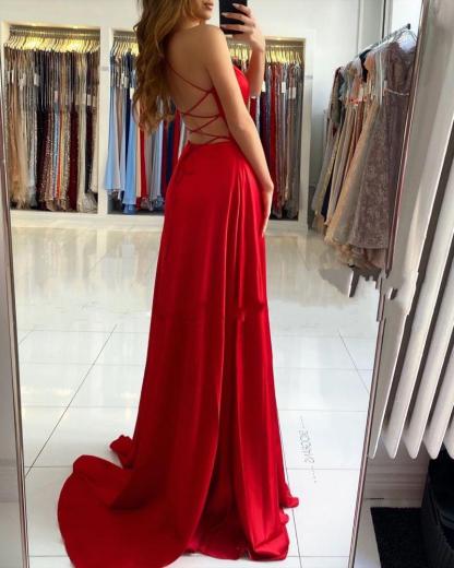 Bmbridal Spaghetti-Straps Red Prom Dress Slit Sleeveless V-Neck