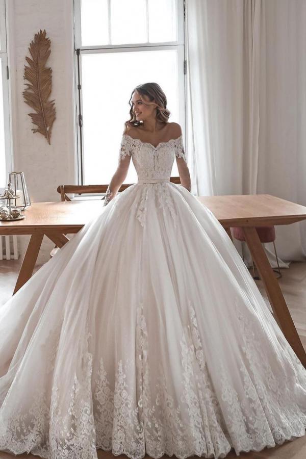 Glamorous Ball Gowns Long Sleeves Wedding Dresses with Lace Tulle