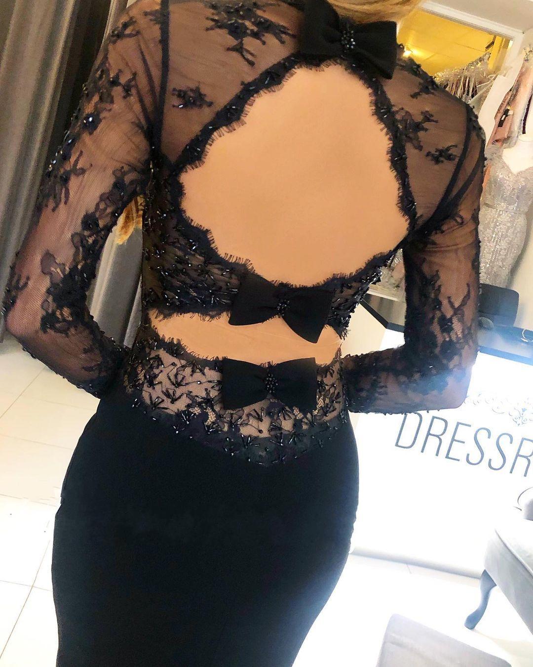 Bmbridal Long Sleeves Black Mermaid Prom Dress Long With Lace