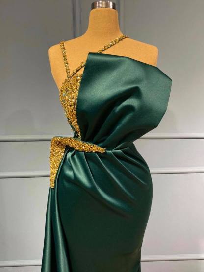 BMbridal Dark Green Mermaid Prom Dress With Gold Beads