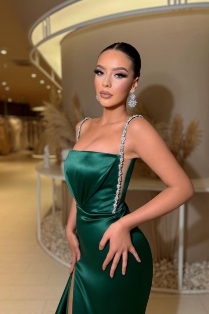 Bmbridal Dark Green Prom Dress Straps Mermaid Long With Slit