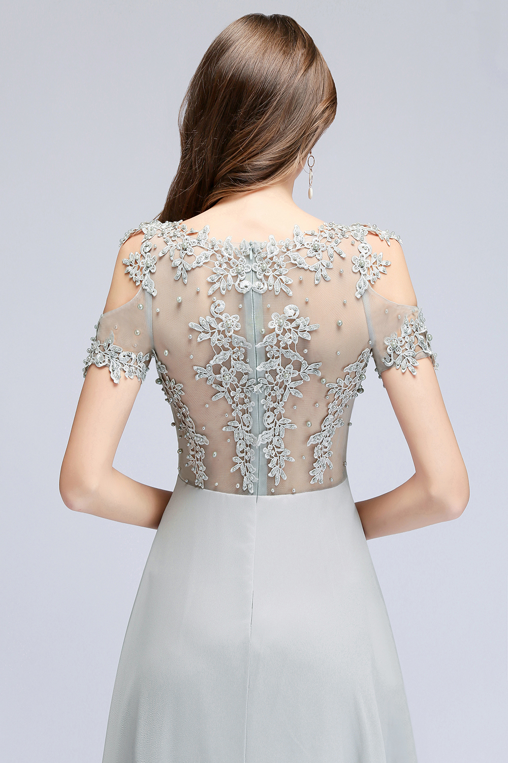 BMbridal Short Sleeve Lace Appliques Long Prom Party Dress