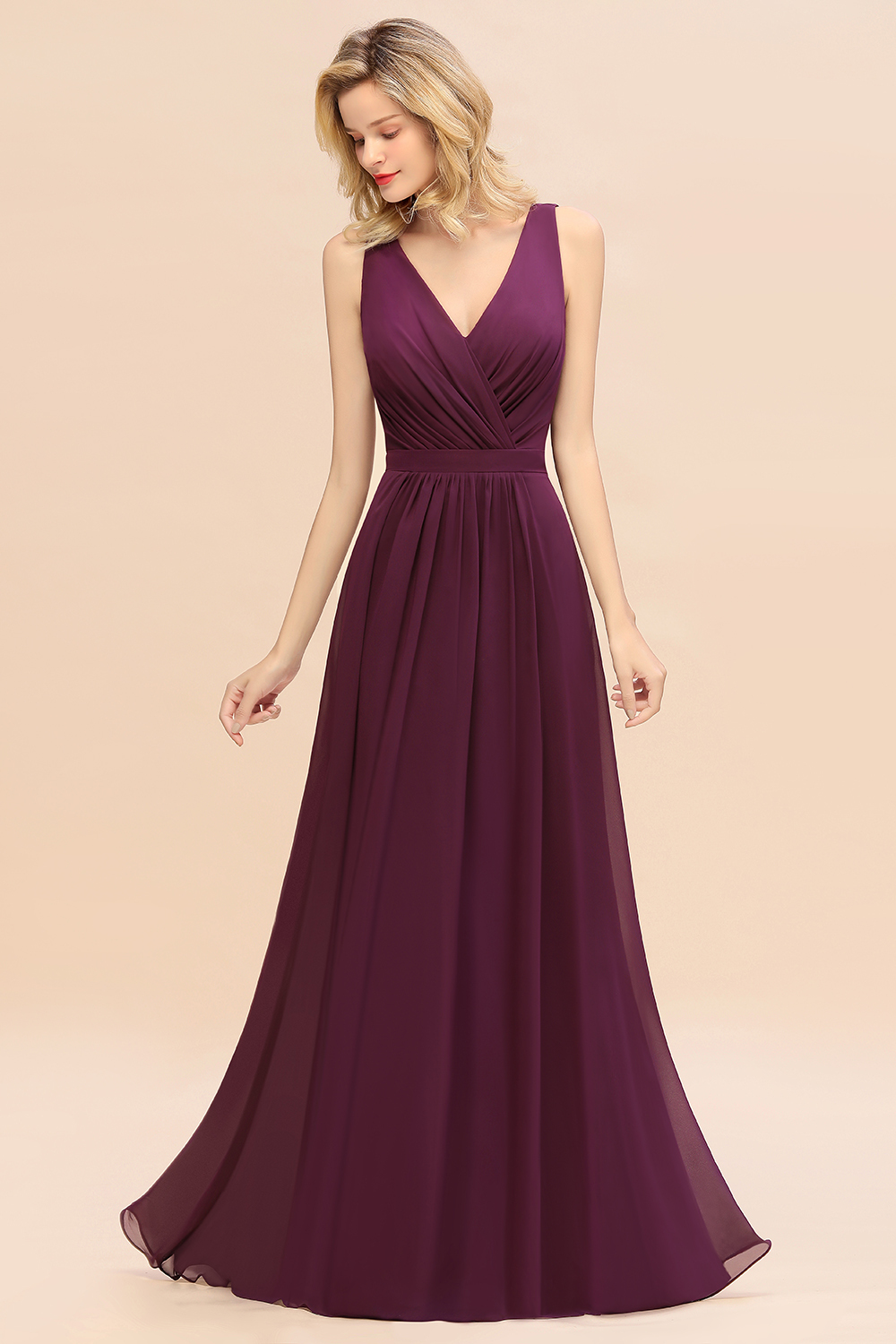 BMbridal Affordable V-Neck Ruffle Long Grape Chiffon Bridesmaid Dress with Bow-BMbridal