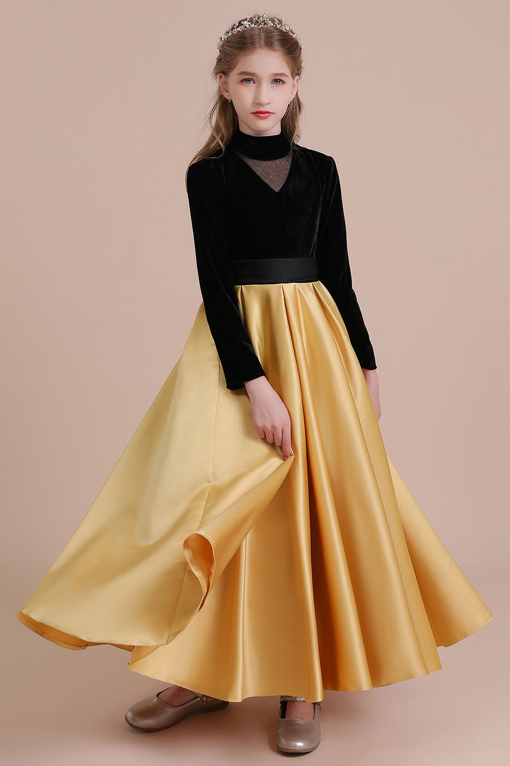 BMbridal A-Line High-neck Velvet Satin Flower Girl Dress Online-BMbridal