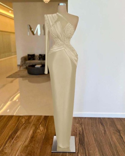 Long Sleeve One Shoulder Long Prom Dress With Pleated Appliques