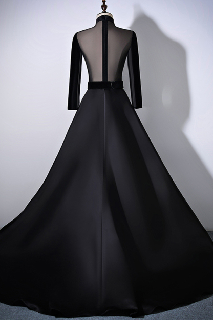 BMbridal Chic V-Neck Ruffles Black A-Line Prom Dresses Long Sleeves Evening Dresses with Sash