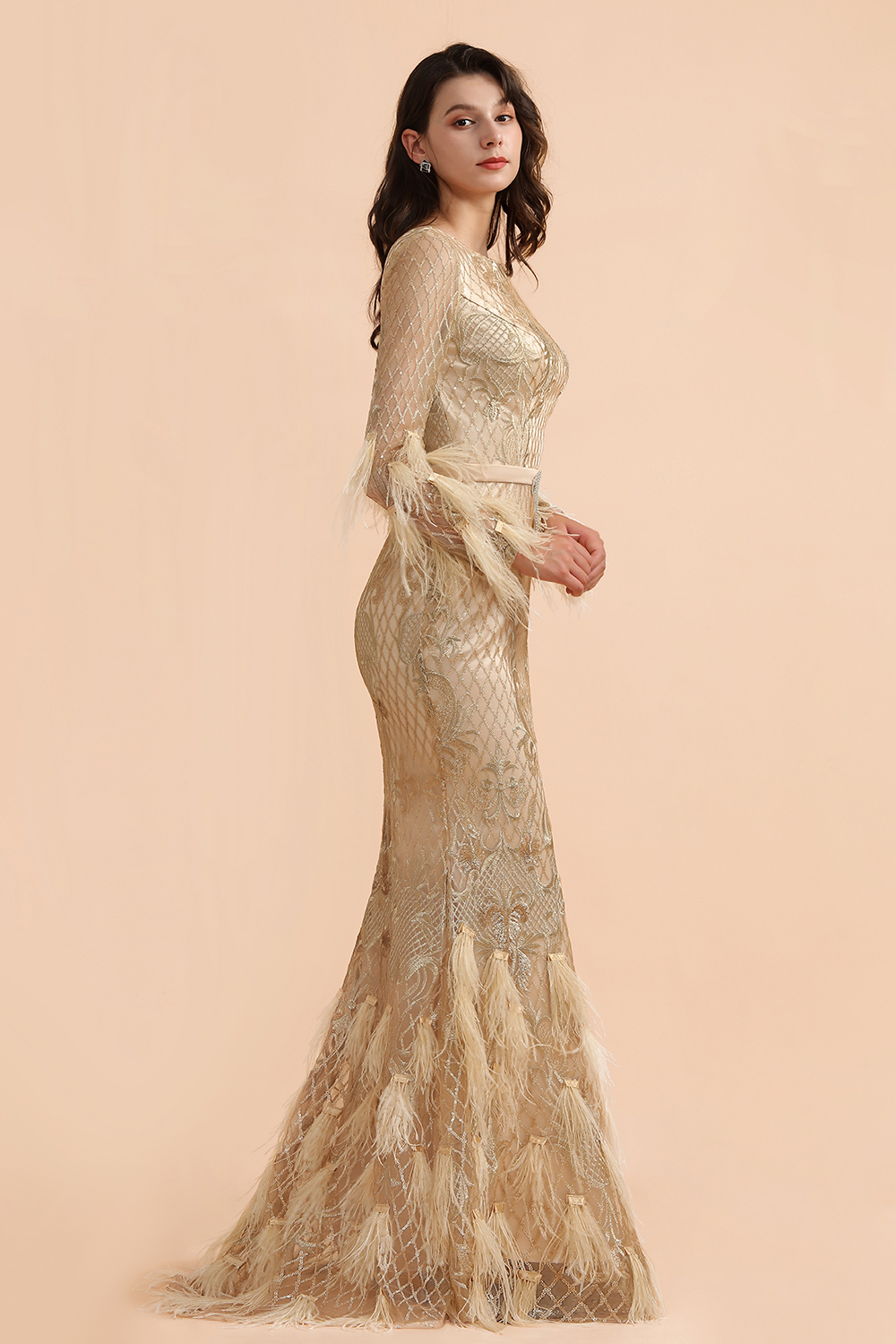 BMbridal Glamorous Jewel Lace Appliques Prom Dresses Long Sleeves Mermaid Formal Dresses with Fur