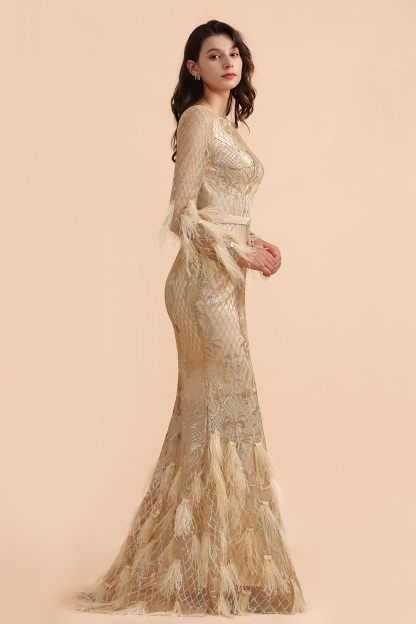 BMbridal Glamorous Jewel Lace Appliques Prom Dresses Long Sleeves Mermaid Formal Dresses with Fur