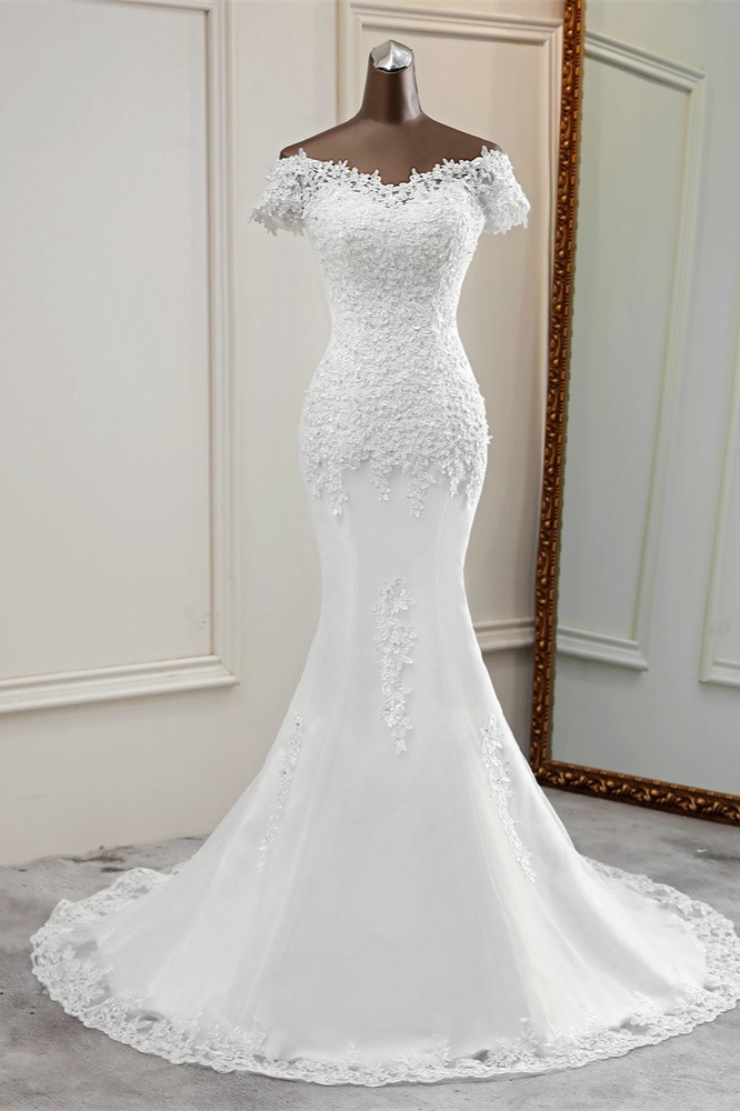 BMbridal Glamorous Sweetheart Lace Beading Wedding Dresses Short Sleeves Appliques Mermaid Bridal Gowns-BMbridal