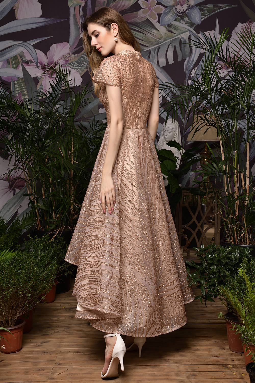 BMbridal Glamorous Rose Gold Sequins Prom Dress Short Sleeve Evening Gowns Online