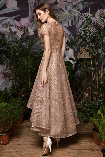 BMbridal Glamorous Rose Gold Sequins Prom Dress Short Sleeve Evening Gowns Online