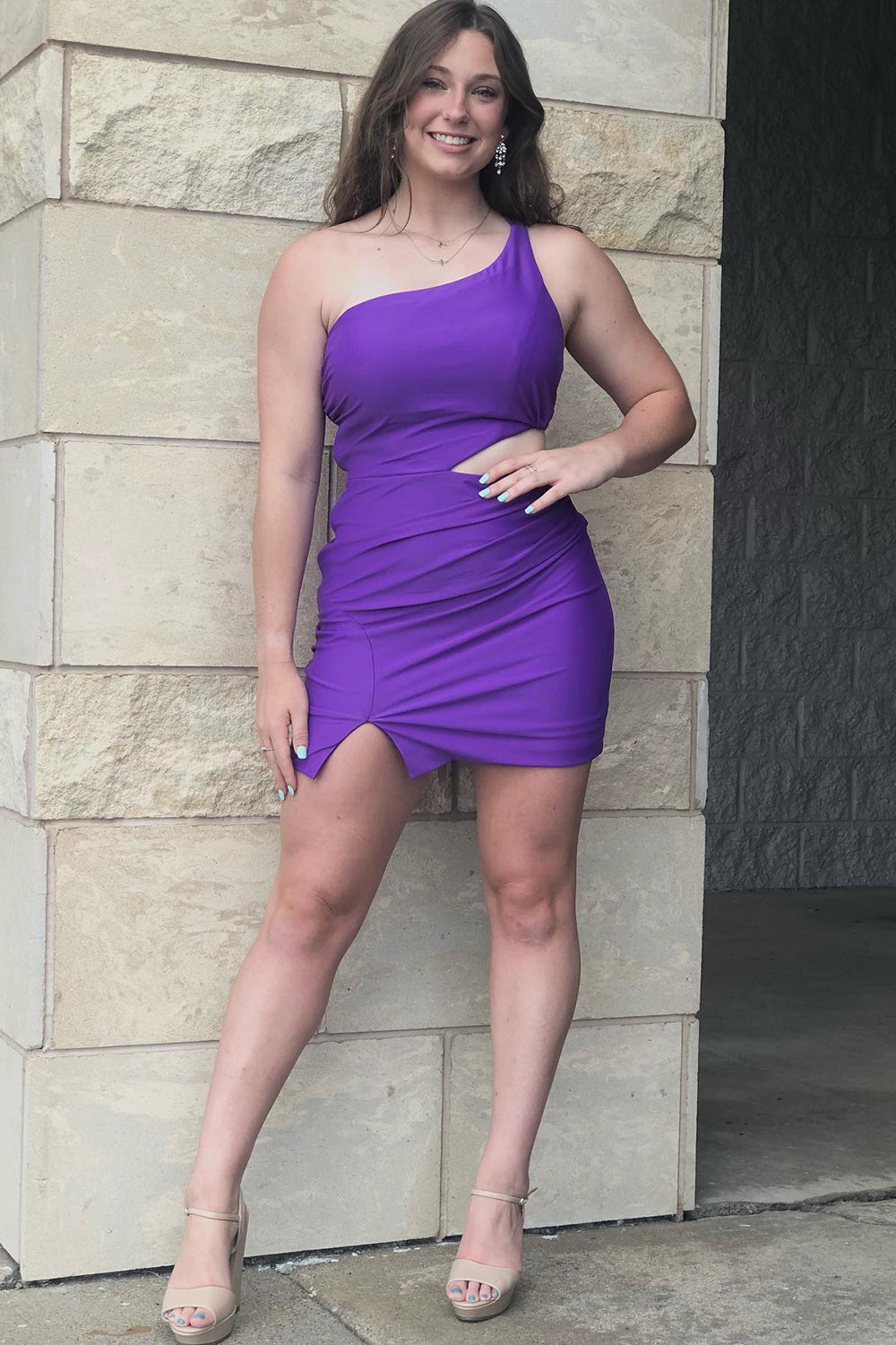 Purple One Shoulder Homecoming Dress With Split Front-BMbridal