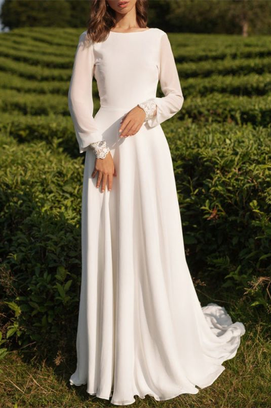Tulle Bateau Long Sleeves Boho Wedding Dress A-Line Open Back