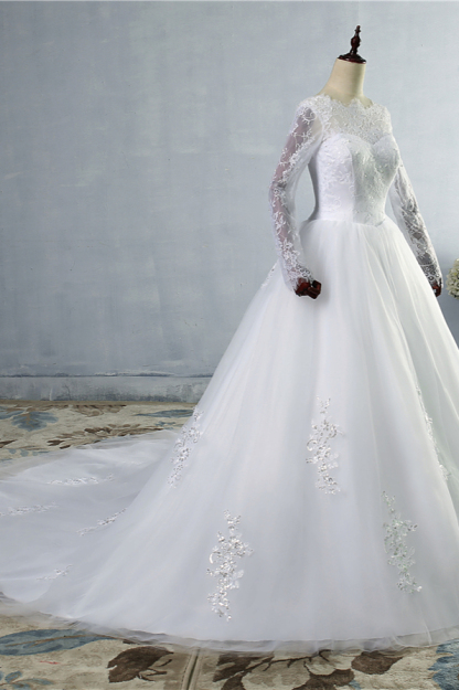BMbridal Elegant Jewel Tulle Lace Wedding Dress Long Sleeves Appliques Sequins Bridal Gowns On Sale