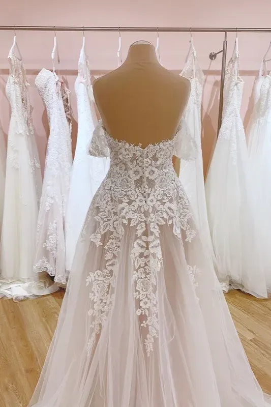 Romantic A-Line Off-the-Shoulder Train Wedding Dress with Sweetheart Backless Tulle