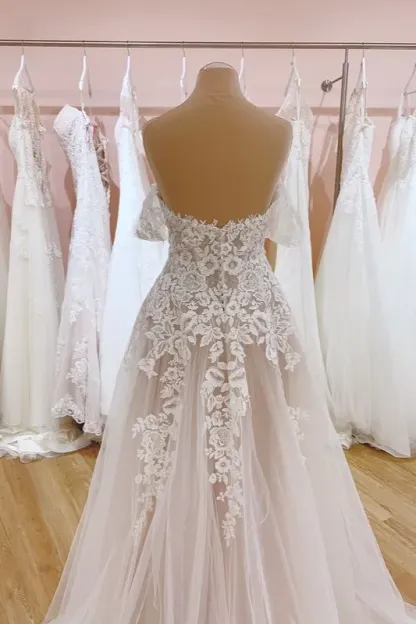 Romantic A-Line Off-the-Shoulder Train Wedding Dress with Sweetheart Backless Tulle