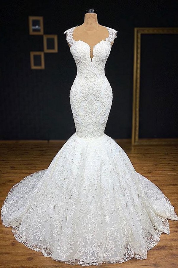 BMbridal Unique White Straps Mermaid Wedding Dresses With Appliques Tulle Ruffles Lace Bridal Gowns Online-BMbridal