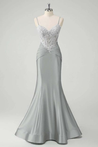 Sleeveless Spaghetti Strap Long Mermaid Prom Dress With Appliques