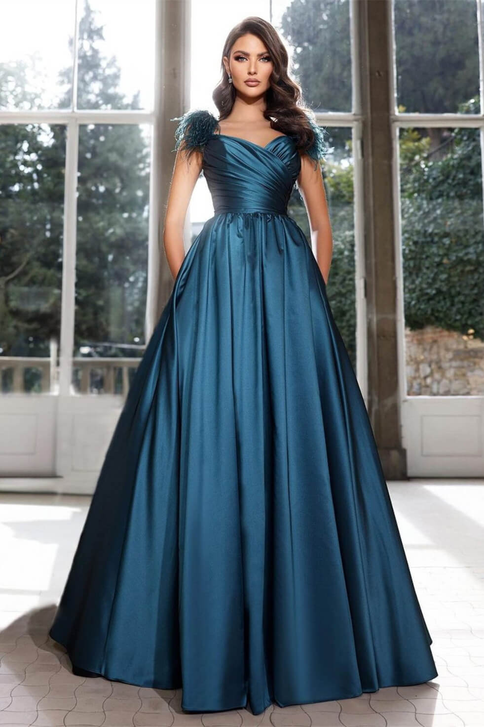 Gorgeous Ink Blue Sweetheart Prom Dress Long With Feathers