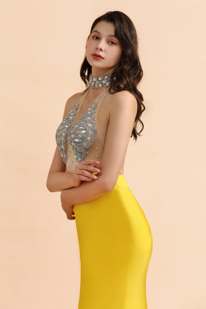 BMbridal Sexy Yellow Halter Backless Prom Dress Long Mermaid With Crystals