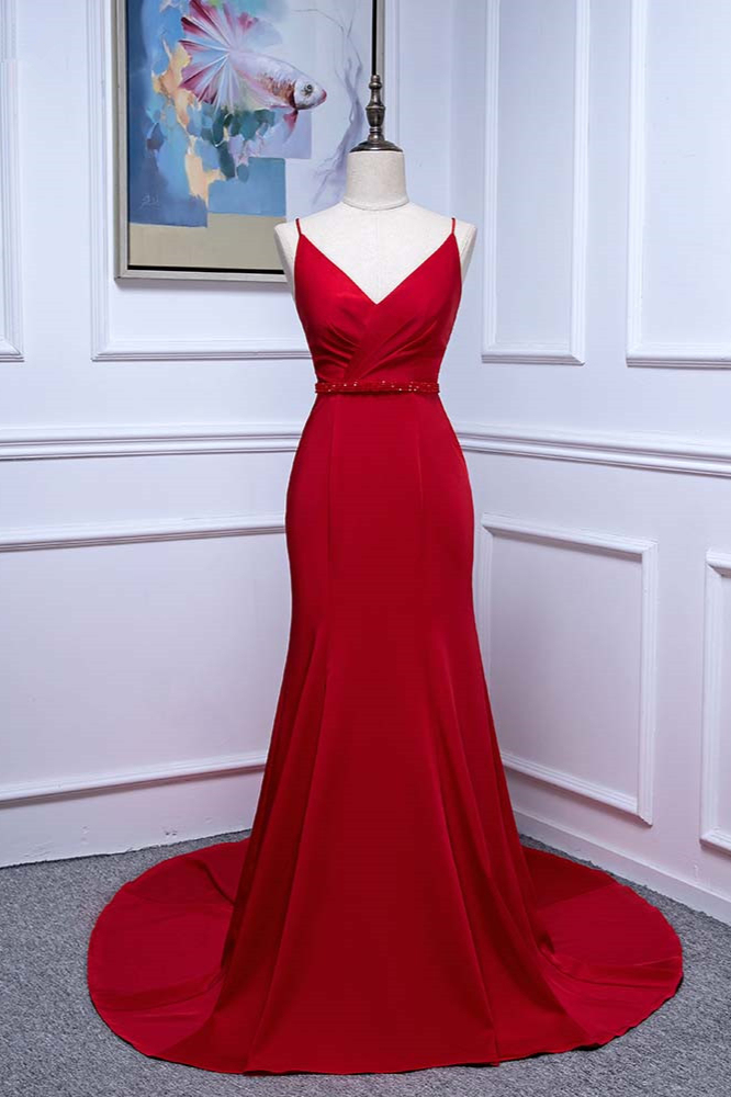 BMbridal Elegant V-Neck Burgundy Prom Dresses Spaghetti Straps with Beadings Sash