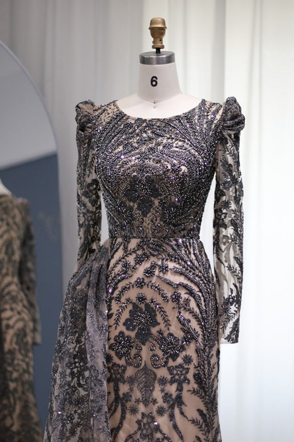 Bmbridal A-Line Long Sleeves Scoop Floor-Length Prom Dresses with Lace