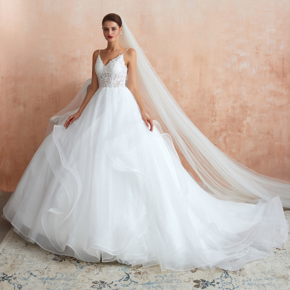 BMbridal Chic Spaghetti Straps Lace Wedding Dress with See Through Bodice