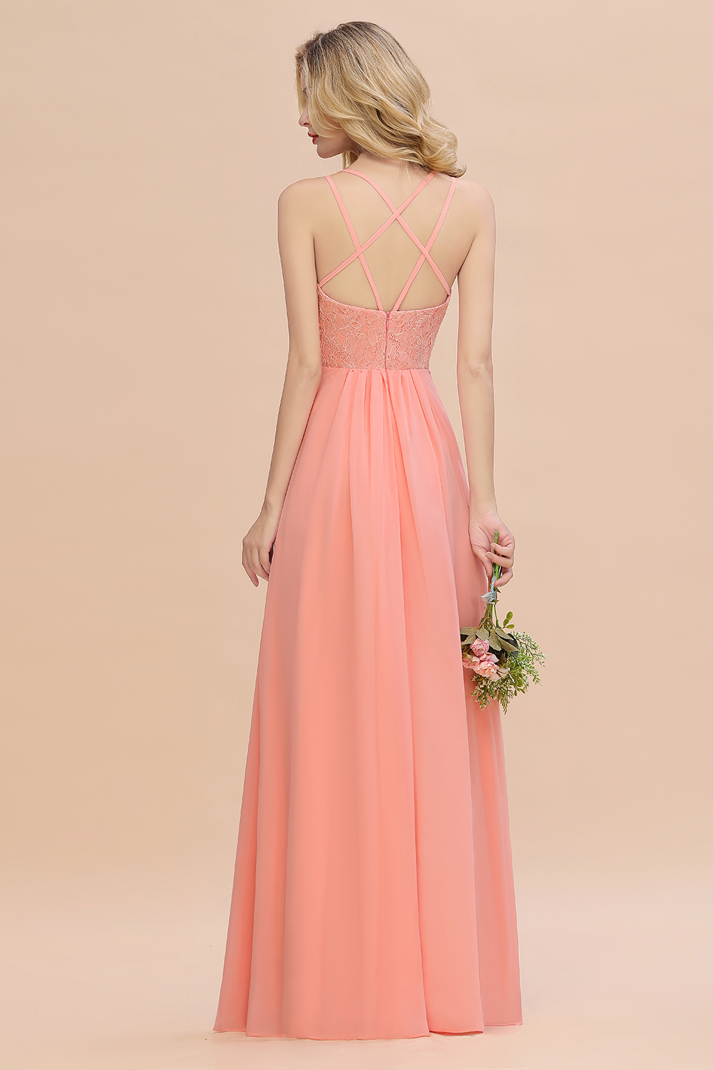 BMbridal Spaghetti-Straps Coral Lace Bridesmaid Dresses with Slit-BMbridal