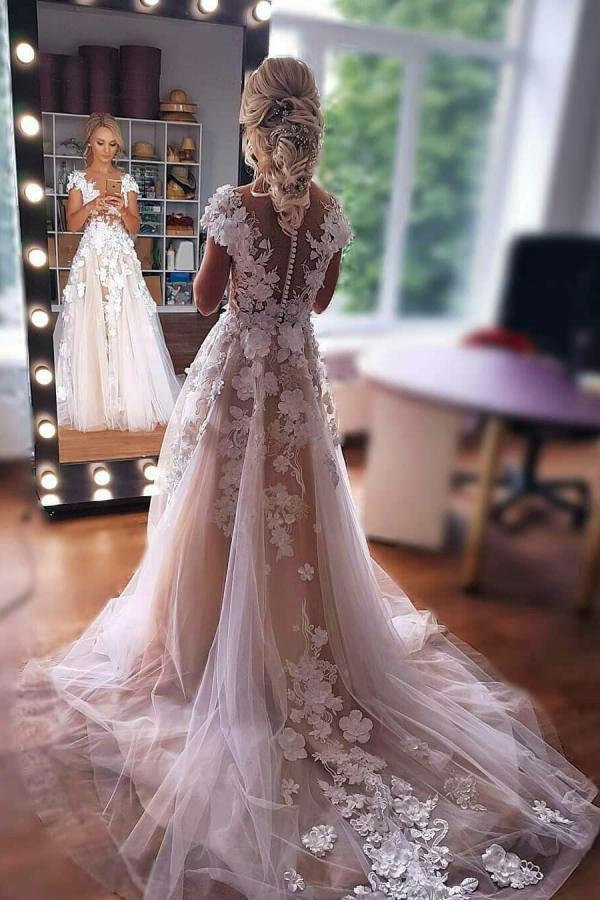 Bmbridal Short Sleeves Wedding Dress Lace Appliques Zipper Back-BMbridal