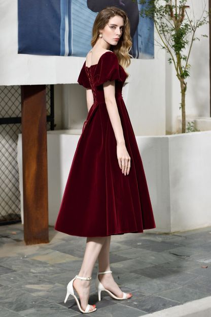 BMbridal Vintage Bugrundy Short Sleeve Prom Dress Tea-Length Party Gowns With Lace-up