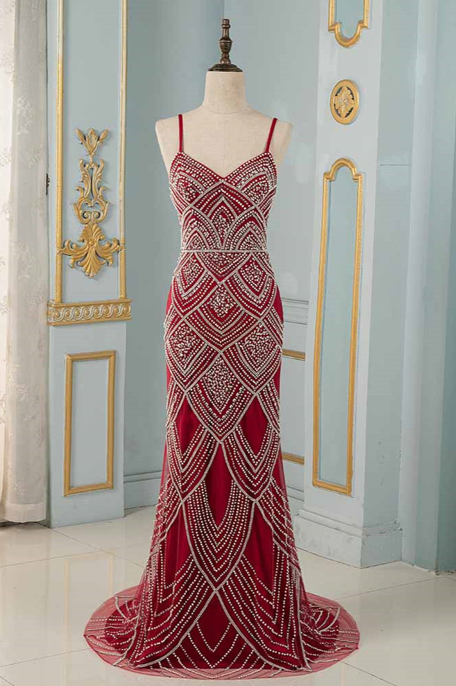 BMbridal Chic Spaghetti Straps Burgundy Mermaid Prom Dresses with Rhinestones