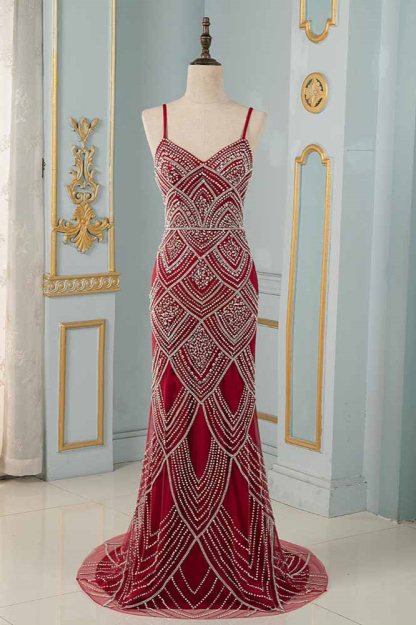 BMbridal Chic Spaghetti Straps Burgundy Mermaid Prom Dresses with Rhinestones