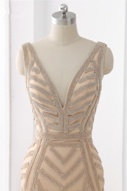 BMbridal Elegant Gold Tulle V-Neck Sleeveless Prom Dresses with Beadings On Sale