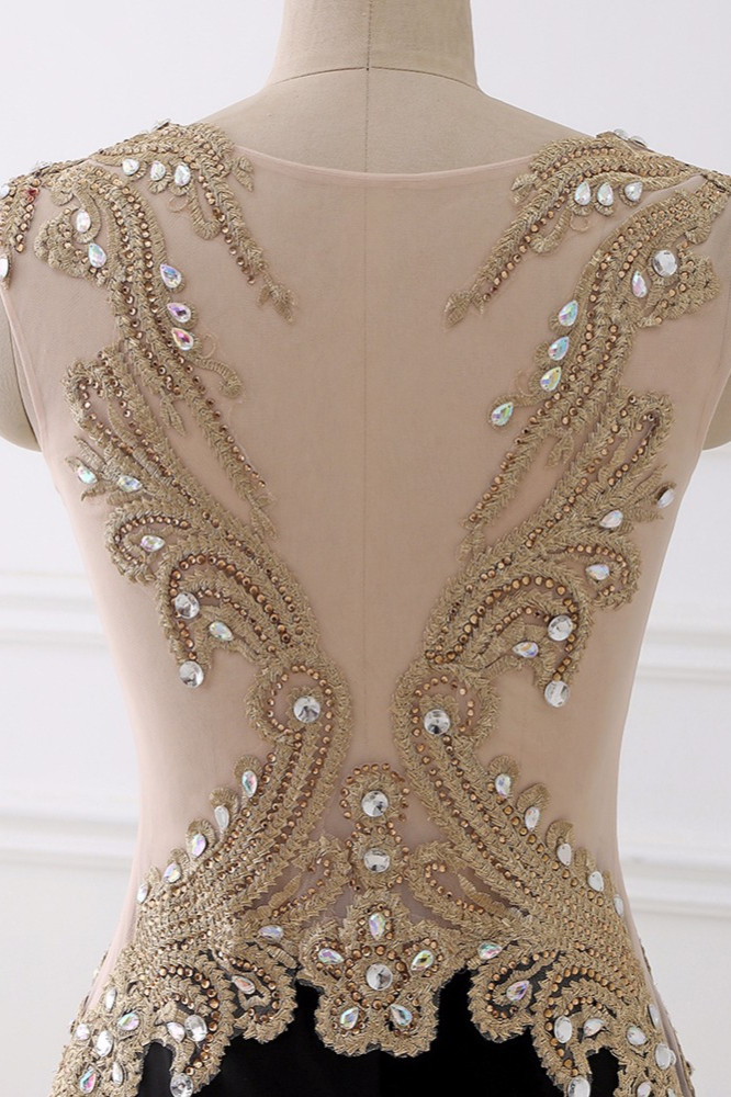 BMbridal Affordabe V-Neck Sleeveless Mermaid Prom Dresses Gold Appliques with Crystals