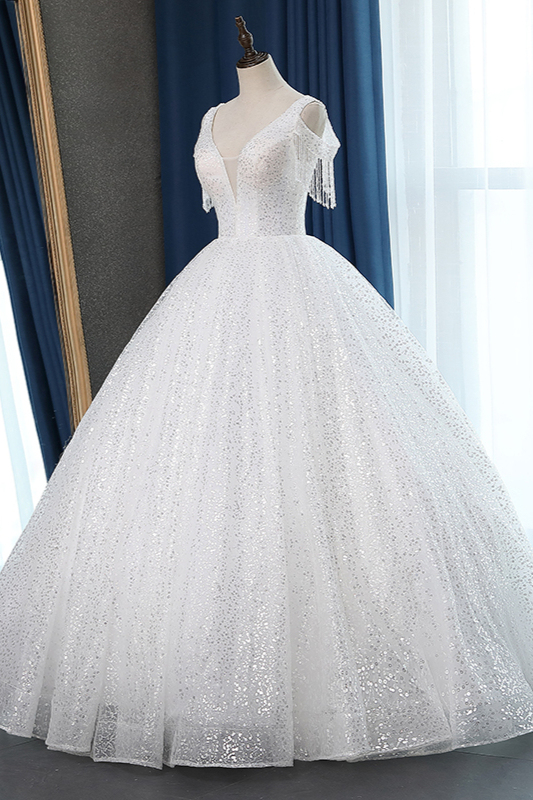 BMbridal Sparkly Sequins White Tulle Ball Gown Wedding Dress Cold-Shoulder V-Neck Bridal Gowns with Tassels On Sale-BMbridal
